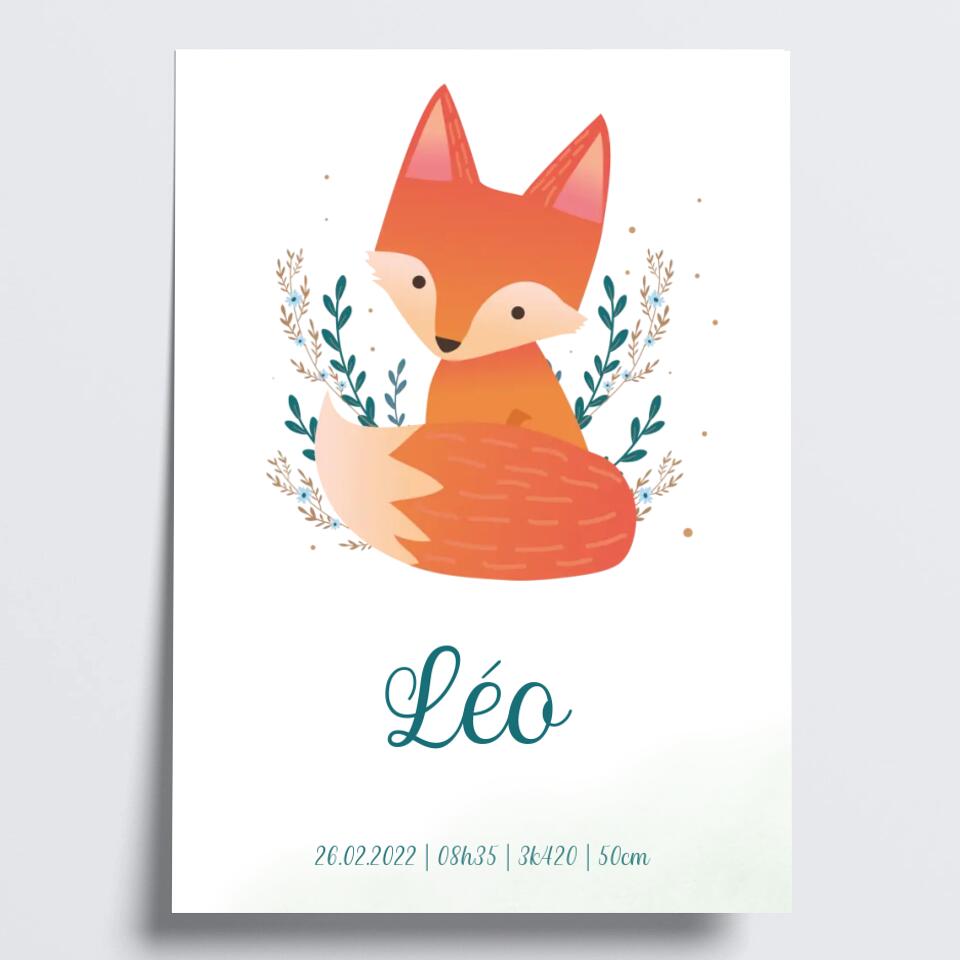 Affiche de naissance personnalisée avec un renard - Créations d'Agathe