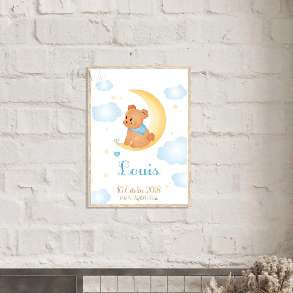 Affiche de naissance avec un ours sur la lune - Créations d'Agathe