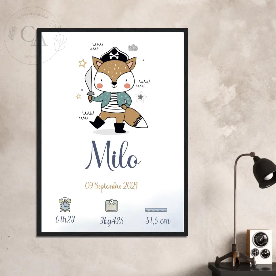 Affiche de naissance avec un renard pirate - Créations d'Agathe