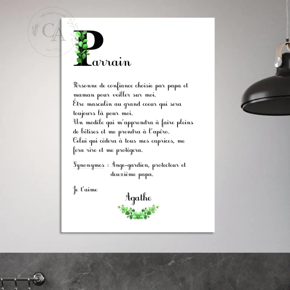Affiche cadeau personnalisé pour Parrain / Marraine – Poème - Créations d'Agathe