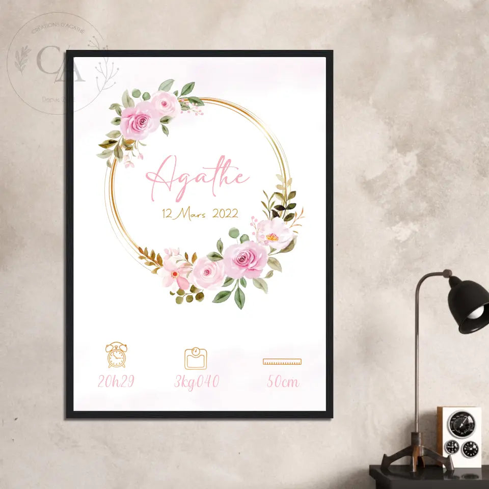 Affiche de naissance personnalisée avec couronne de fleurs - Créations d'Agathe