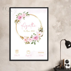 Affiche de naissance personnalisée avec couronne de fleurs - Créations d'Agathe