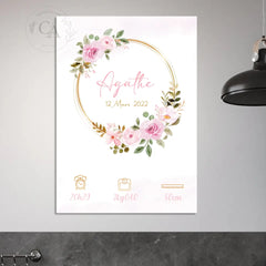Affiche de naissance personnalisée avec couronne de fleurs - Créations d'Agathe
