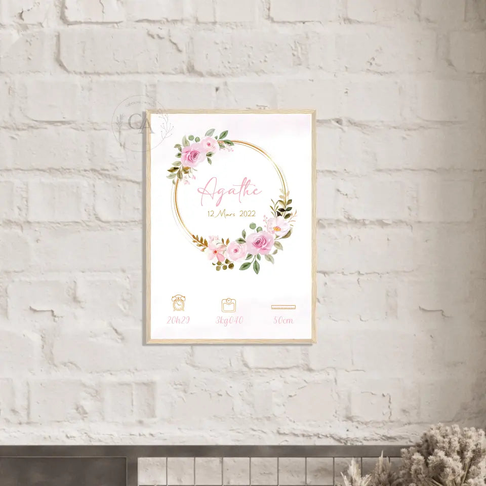 Affiche de naissance personnalisée avec couronne de fleurs - Créations d'Agathe
