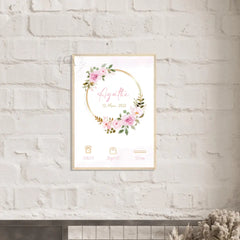 Affiche de naissance personnalisée avec couronne de fleurs - Créations d'Agathe