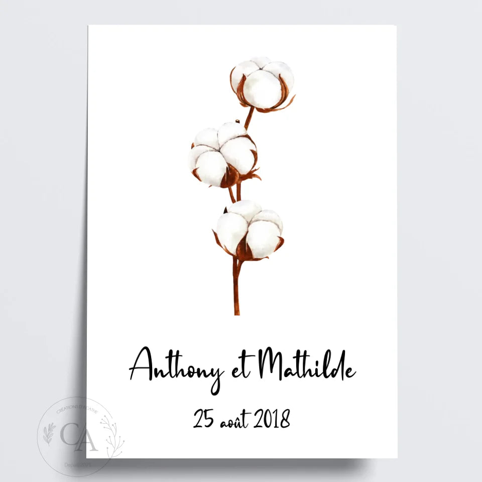 Affiche personnalisée noce de coton | Cadeau 1 an de mariage - Créations d'Agathe