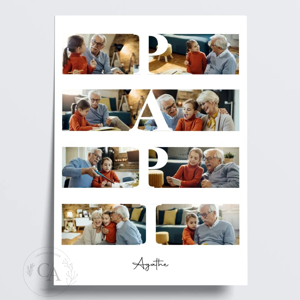 Affiche personnalisée collage photo autour du mot Papy / Papi - Créations d'Agathe