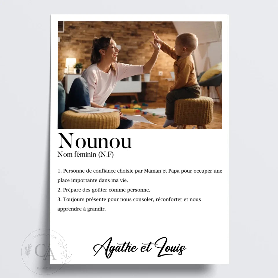 Affiche cadeau définition Nounou avec une photo - Créations d'Agathe