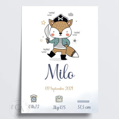 Affiche de naissance avec un renard pirate - Créations d'Agathe