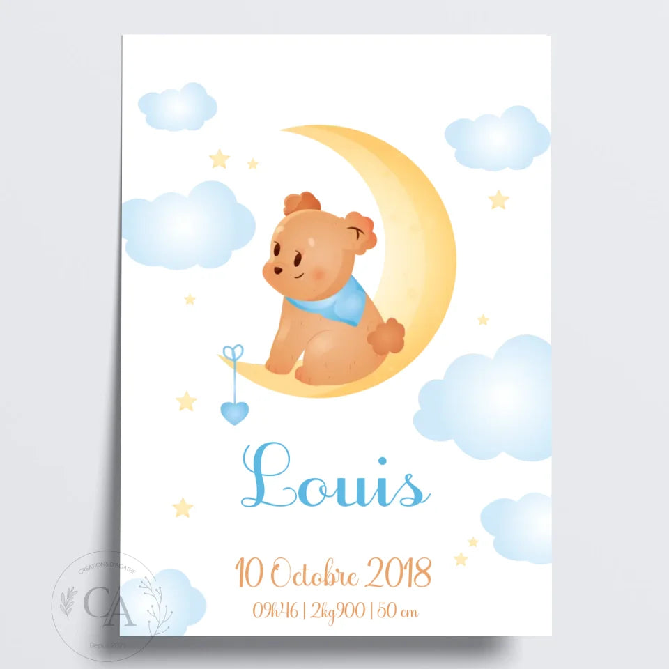 Affiche de naissance avec un ours sur la lune - Créations d'Agathe