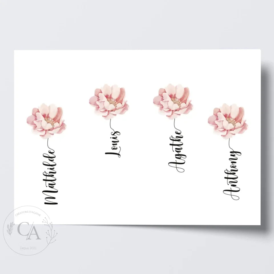Affiche pour Maman avec le prénom des enfants et ses fleurs - Créations d'Agathe