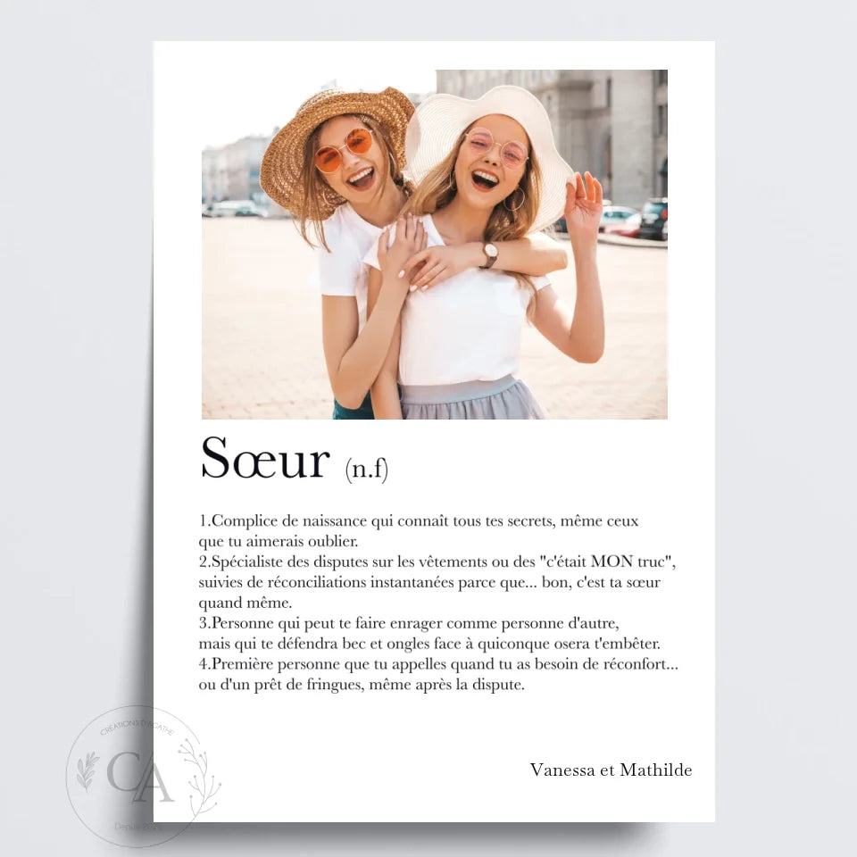 Affiche personnalisée définition "Soeur" - Créations d'Agathe