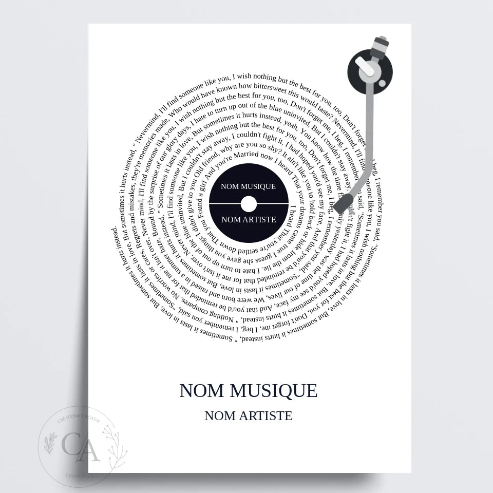 Affiche personnalisée paroles de chanson - Vinyle - Créations d'Agathe