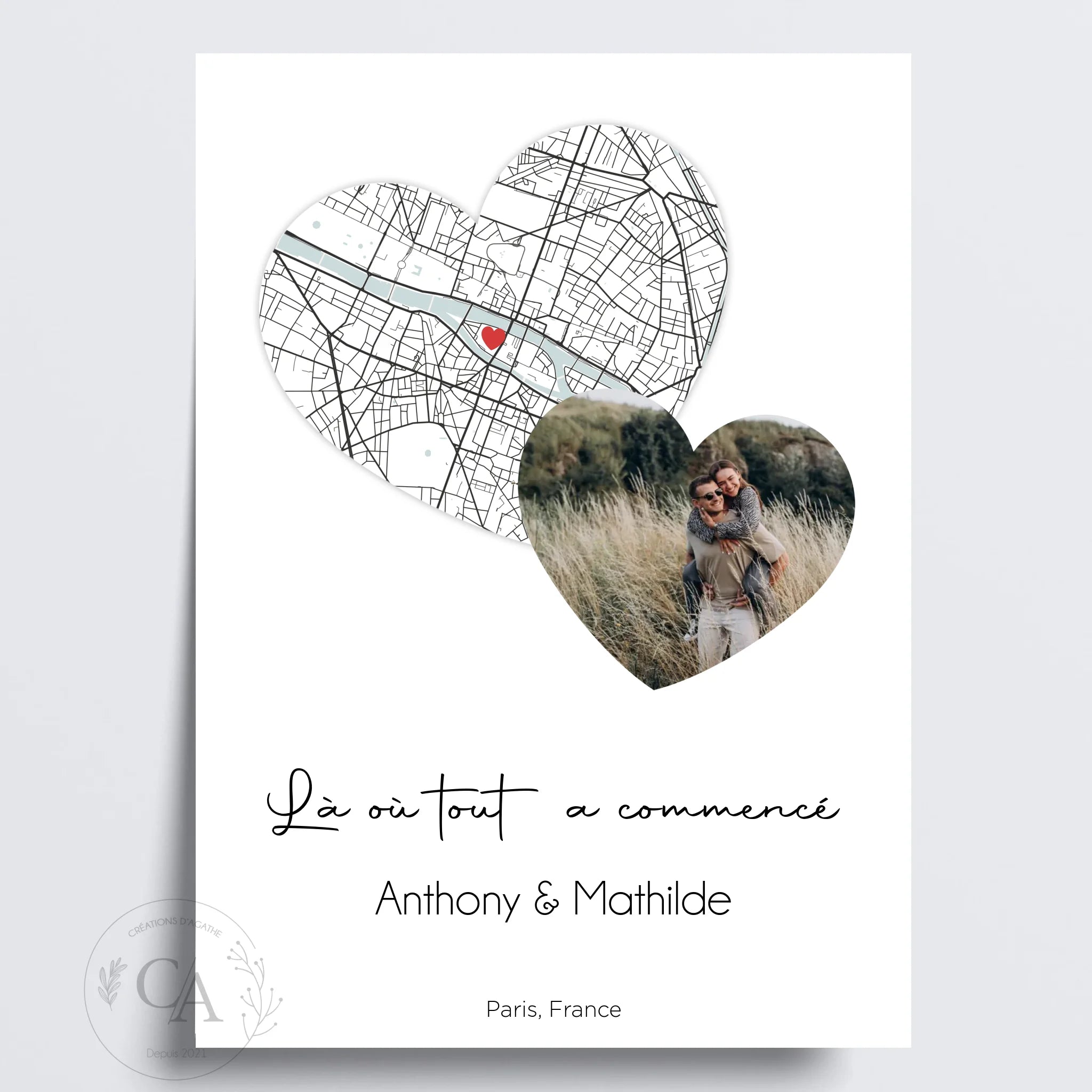 Affiche personnalisée de couple avec lieu de rencontre + photo - Créations d'Agathe