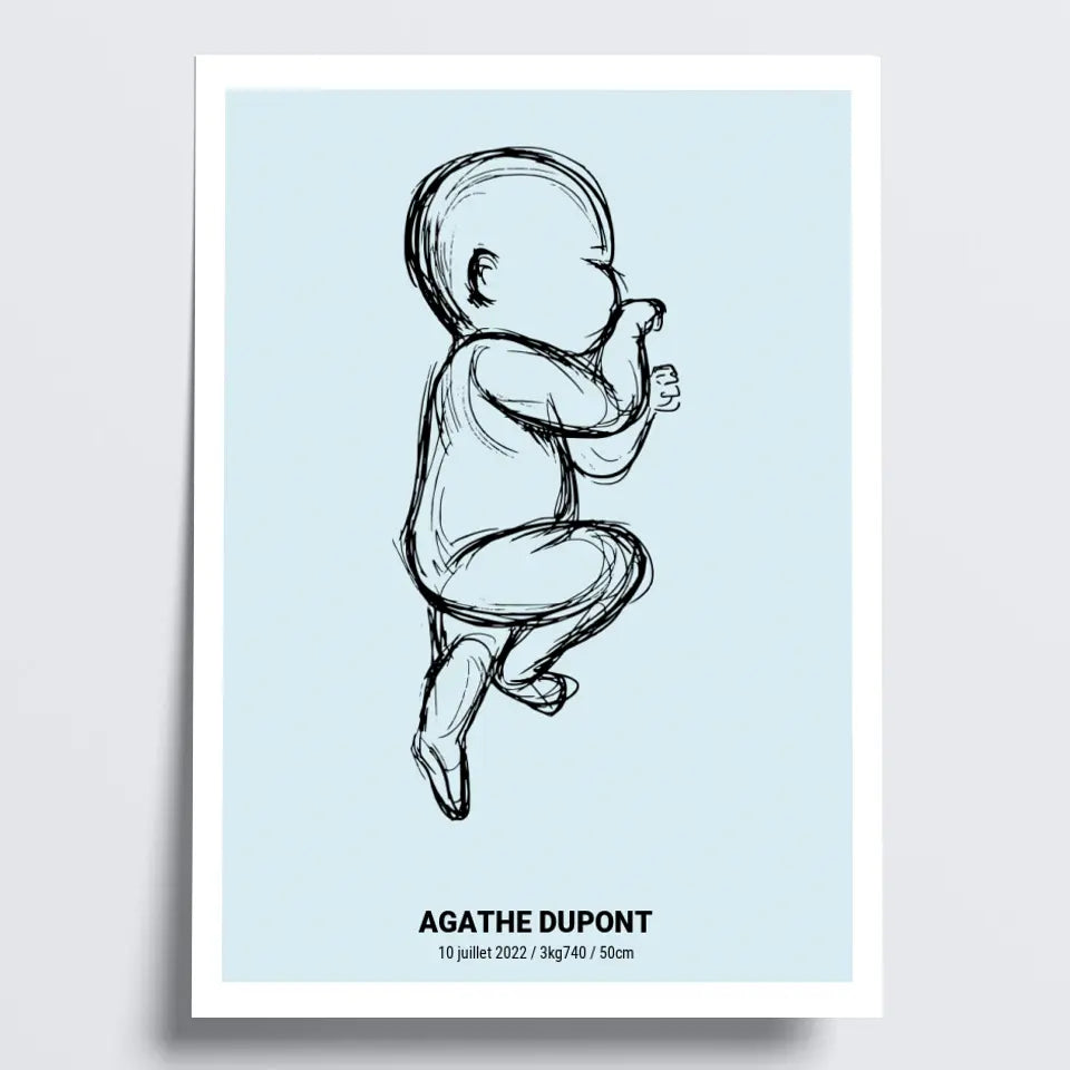 Poster de naissance avec croquis de bébé à l’échelle 1:1 - Affiche 50 x 70 cm