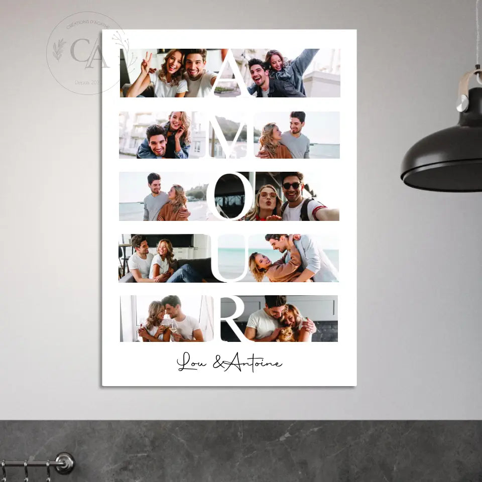 Affiche décorative personnalisée avec collage photo autour du mot « Amour » - Créations d'Agathe