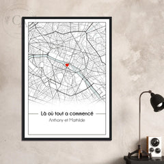 Affiche Personnalisée "Où Tout A Commencé" - Carte De Ville Avec Coordonnées, Noms, Date - Formats A4/A3, Avec Ou Sans Cadre - Cadeau Couple, Anniversaire, Mariage - 3