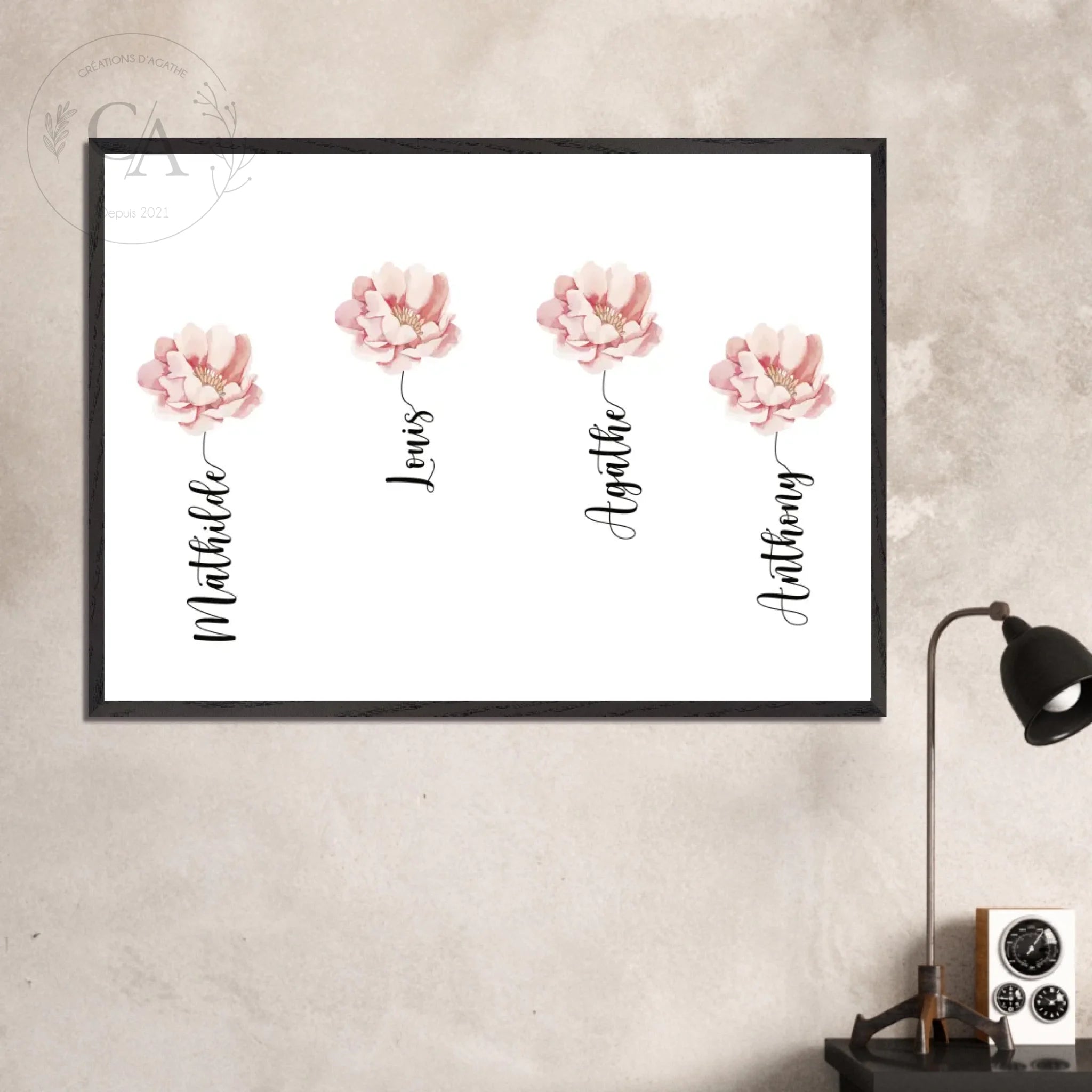 Affiche pour Maman avec le prénom des enfants et ses fleurs - Créations d'Agathe